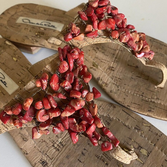 Oscar De La Renta Sandal Thong Slip On Flip Flop Flat Cork Embellished B… - Picture 3 of 8